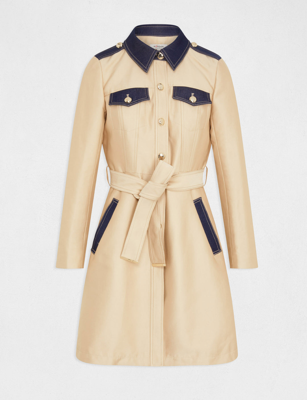 Trench long évasé ceinturé détails denim