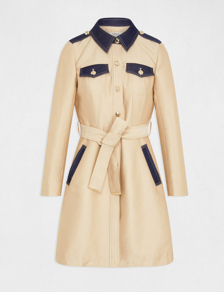Trench long évasé ceinturé détails denim