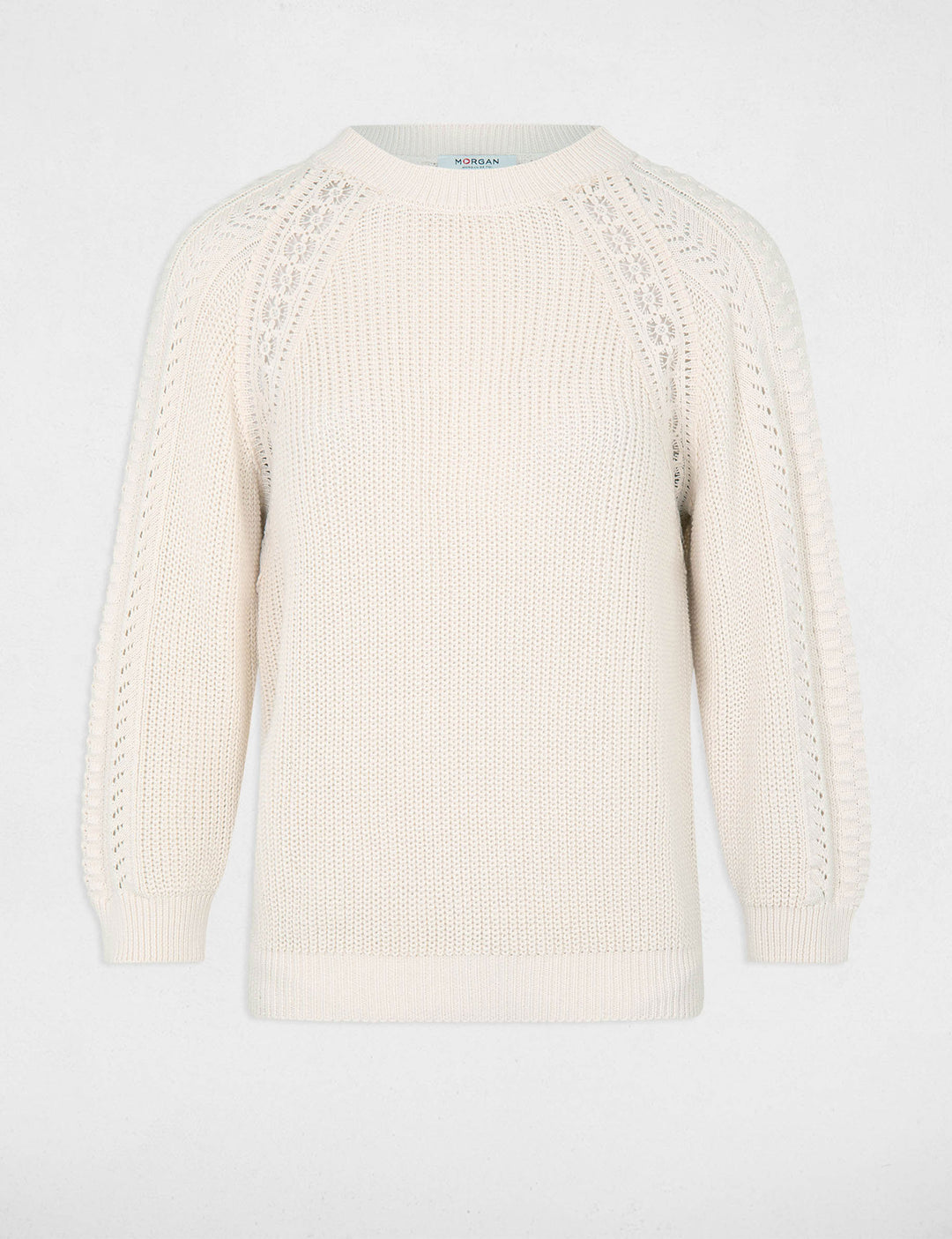 Pull col rond manches 3/4 ajourées