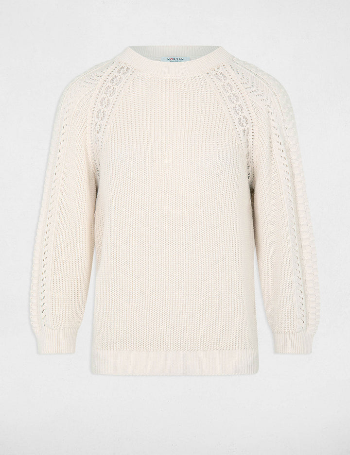Pull col rond manches 3/4 ajourées