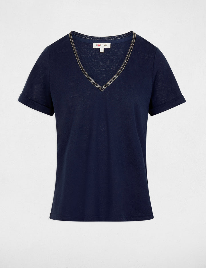 T-shirt col v perlé
