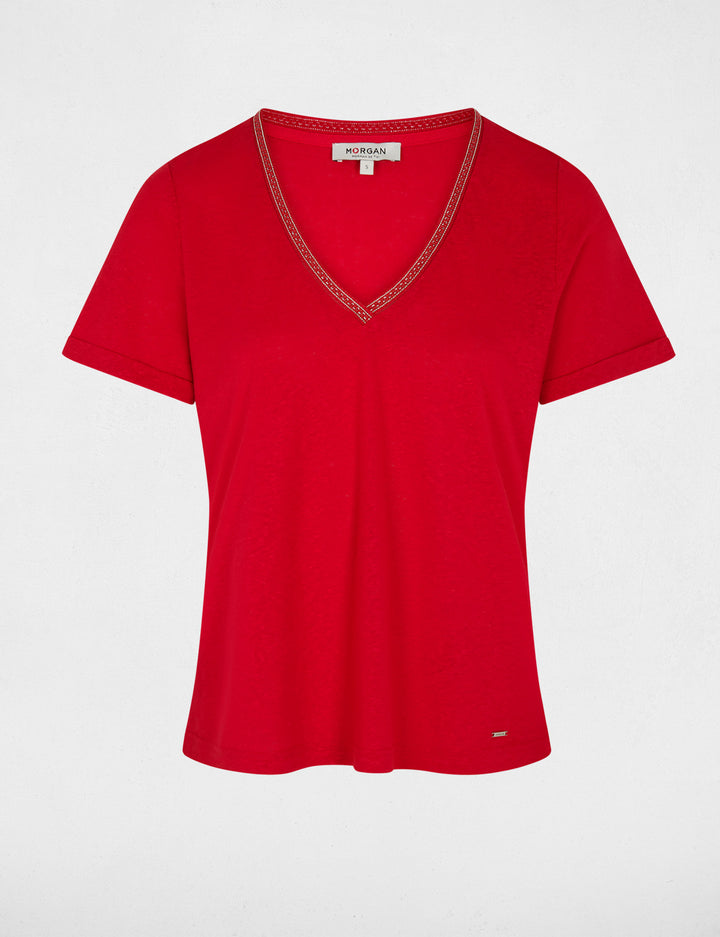 T-shirt col v perlé