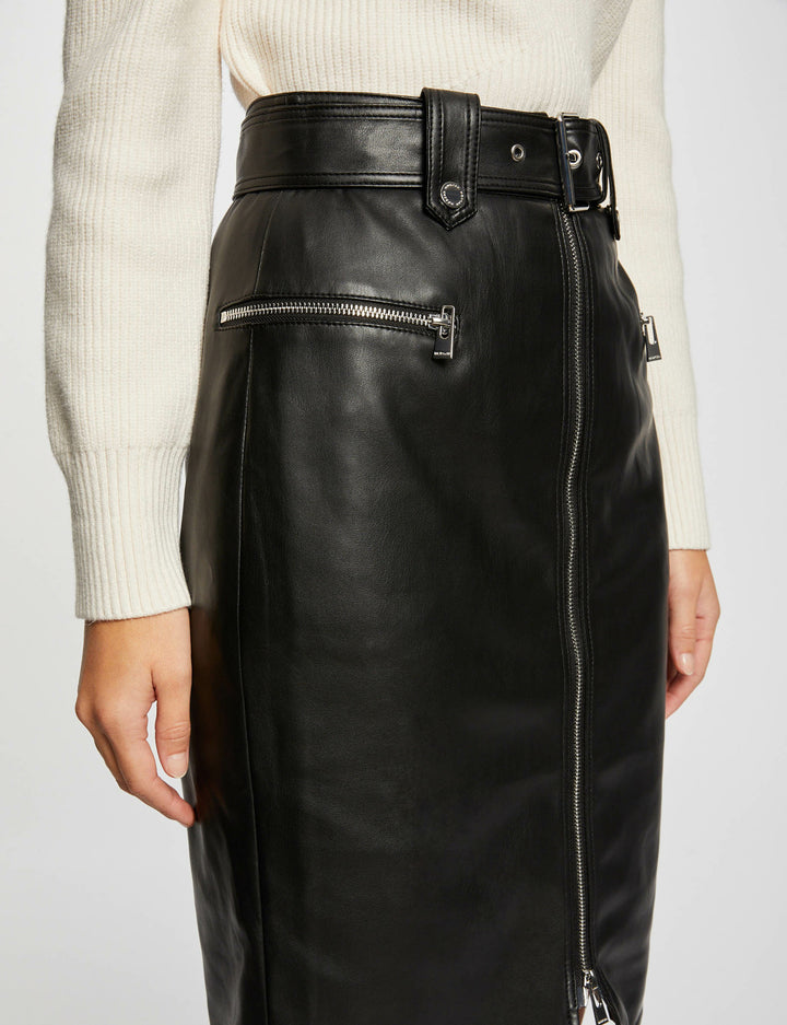 Jupe droite simili cuir détails zippés