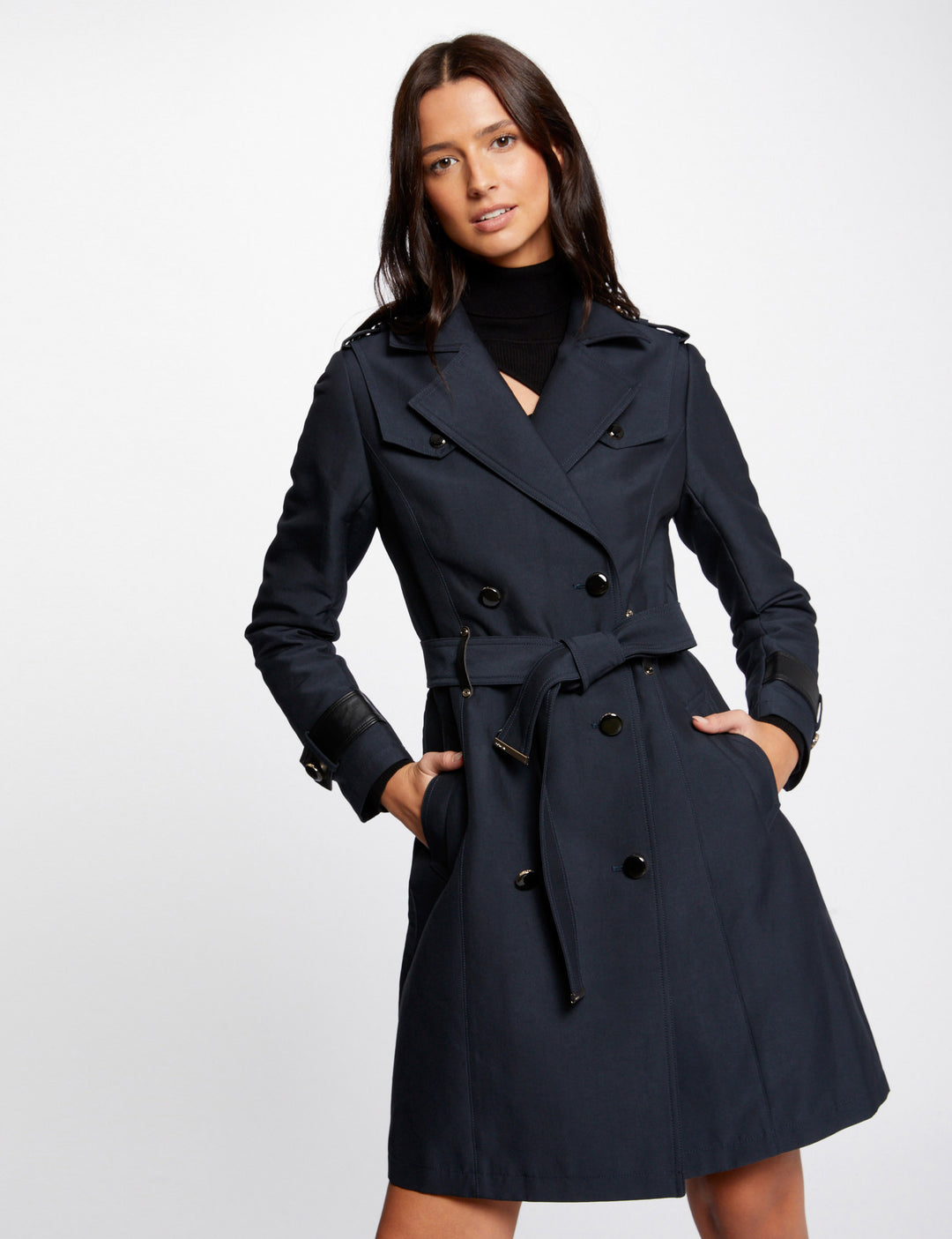 Trench ceinturé détails simili cuir
