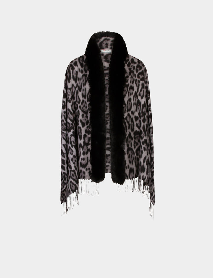 Poncho avec franges et imprimé léopard